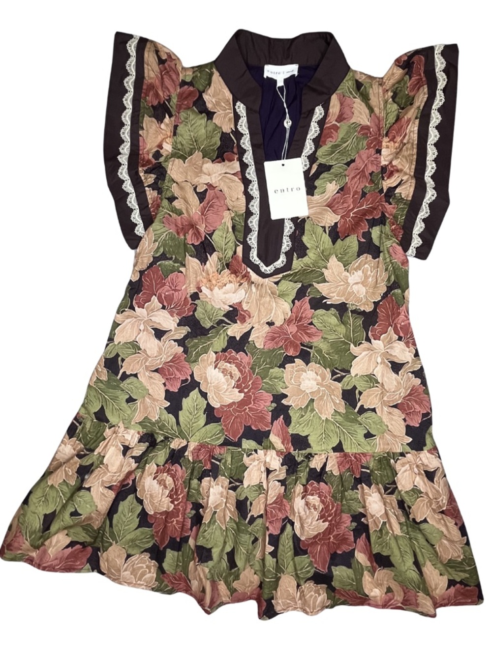 entro Floral Flutter Sleeve Tunic Dress - Brown, Olive, Dusty Rose - Picture 7 of 15